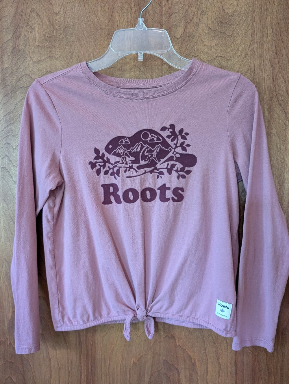 Roots Girls' Pink Cooper Beaver Long-Sleeve Tie-Front Top XL 11/12